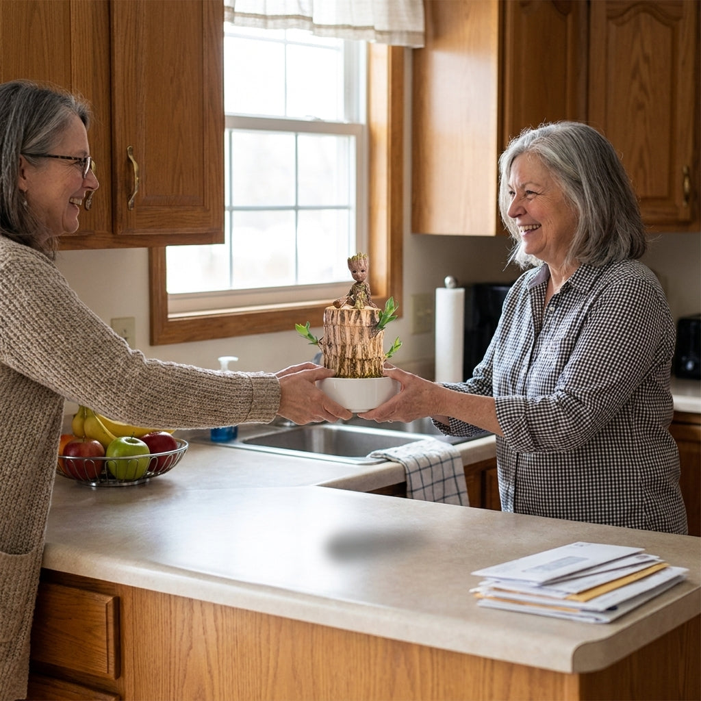 Giving a Fortune Tree as a gift across a kitchen counter