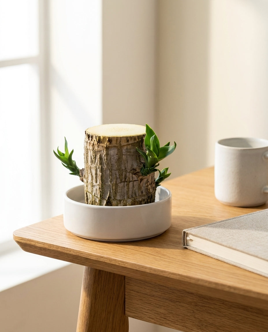 Fortune Wood on a wooden desk beside a notebook and a mug in morning light