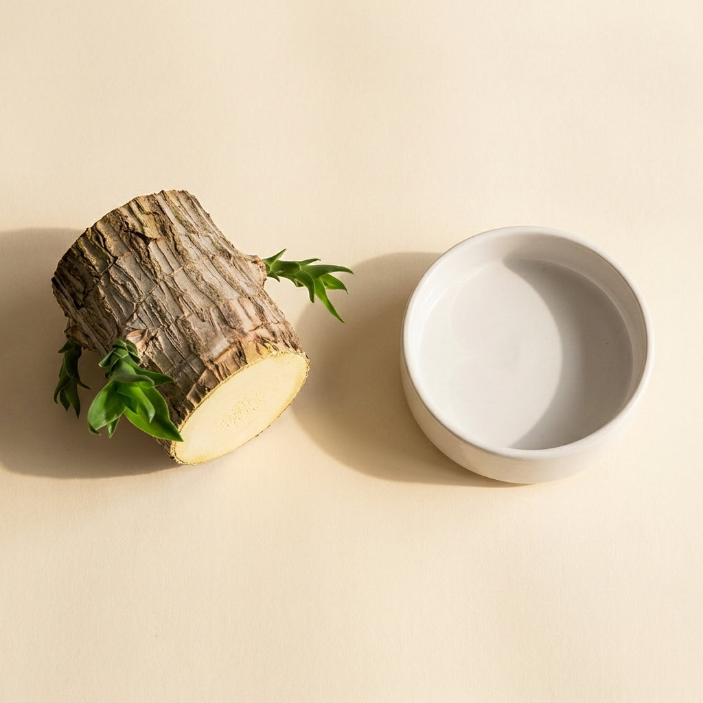 What arrives: the Fortune Wood stump and its white ceramic dish