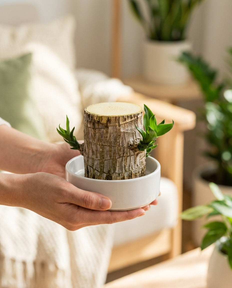 Two hands offering a Fortune Wood in its ceramic dish as a gift